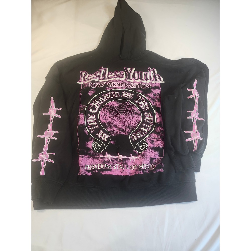 H&M Divided Restless Youth Graphic Hoodie Black Pink Barbed Wire Streetwear L